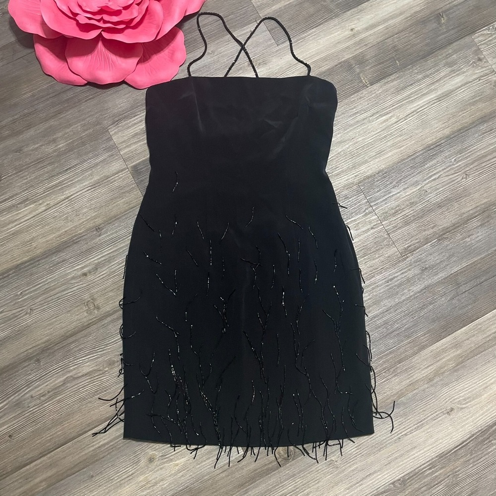 VTG GILAR EVENING Sz 8 Black Beaded Fringe Racerback‎ Dress Little Black Dress